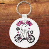 Cycopath Halloween Ghost op Roze Fiets Sleutelhanger (Voorkant)