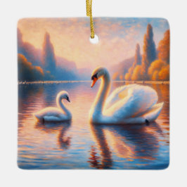 Cygnet en zwaan keramisch ornament