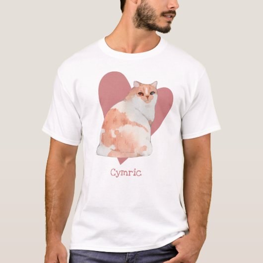 Cymric Cat Waterverf Kat Roze hart T-shirt (Voorkant)