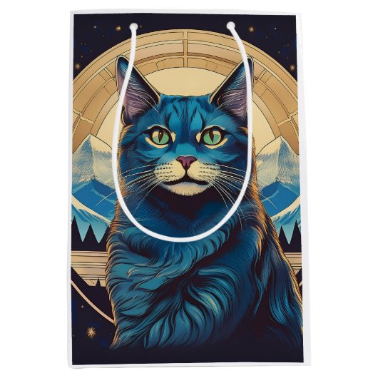 Cymric kat met bergachtergrond schittert medium cadeauzakje (Voorkant)