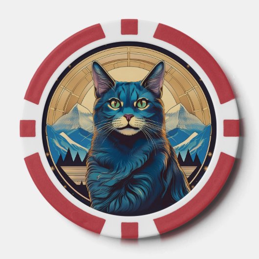 Cymric kat met bergachtergrond schittert poker chips (Voorkant)
