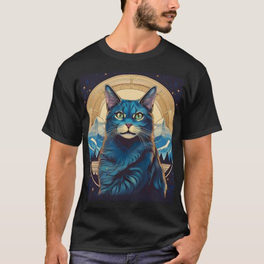 Cymric kat met bergachtergrond sterren t-shirt (Voorkant)
