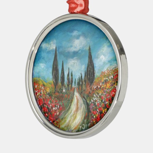 CYPERBOMEN EN POPPIËNTEN OP DE WEG VAN TUSCANY METALEN ORNAMENT (Links)