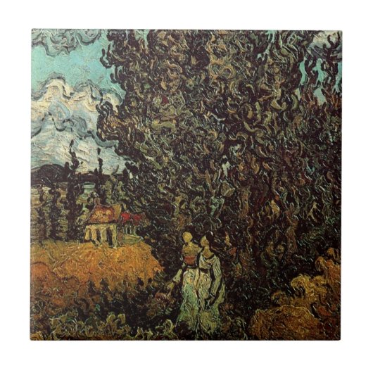 Cypresses en Two Women door Vincent van Gogh Tegeltje (Voorkant)