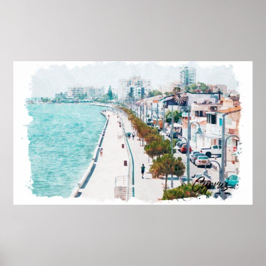 Cyprus Waterverf Beach Vintage Reizen Poster (Voorkant)