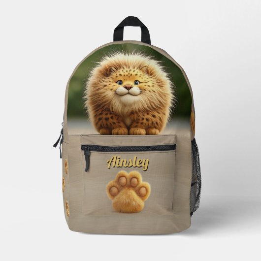 Cyran de pluizige luipaard beige met pootafdrukken bedrukte rugzak (Voorkant)