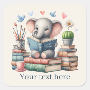 Cyte olifant boek liefhebbers tekst toevoegen vierkante sticker