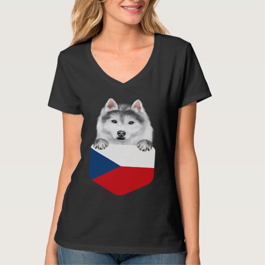 Czech Republic Flag Siberian Husky Dog In Pocket T-shirt (Voorkant)