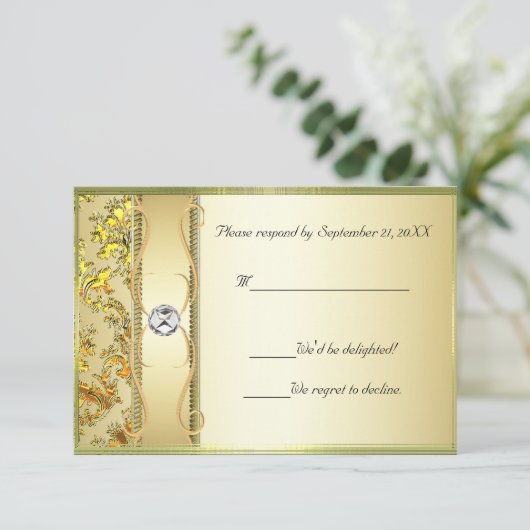 D1 Gold op Gold Damask RSVP-kaart RSVP Kaartje (Staand voorkant)