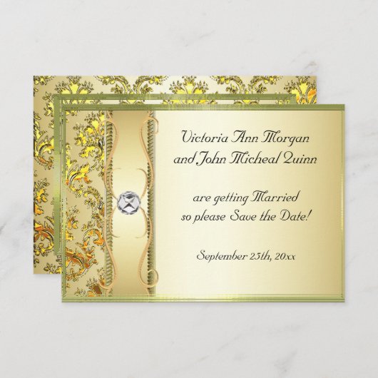 D1 Gold op Gold Damask Sla de datumkaart op Save The Date (Voorkant / Achterkant)