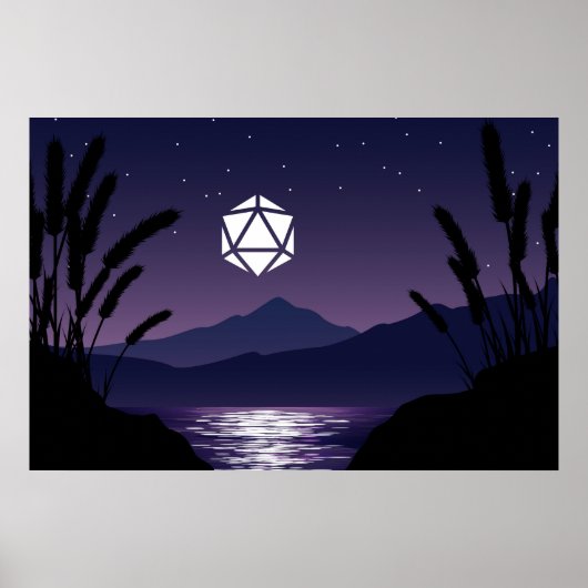 D20 Dice Moon Beach Reflection Tabletop RPG Poster (Voorkant)