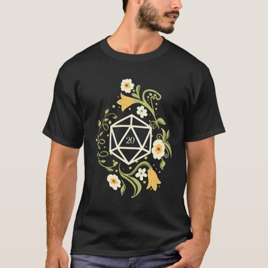 D20 Dice of Druid Flowers Tabletop RPG T-shirt (Voorkant)