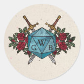 D20 Monogram RODE ROZEN RPG Getrouwd Ronde Sticker (Voorkant)