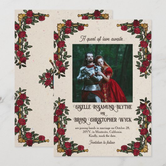 D20 Monogram Rode Rozen RPG Thema Trouwen Save The Date (Voorkant / Achterkant)
