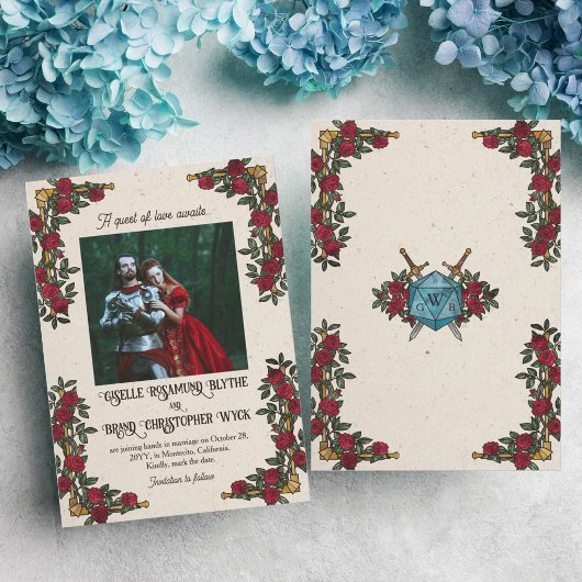 D20 Monogram Rode Rozen RPG Thema Trouwen Save The Date