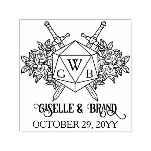 D20 Monogram Rozen RPG Themare Huwelijk Zelfinktende Stempel