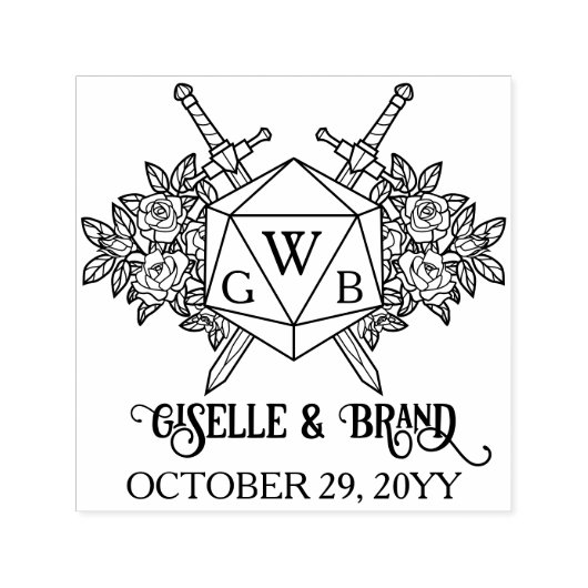 D20 Monogram Rozen RPG Themare Huwelijk Zelfinktende Stempel (Design)