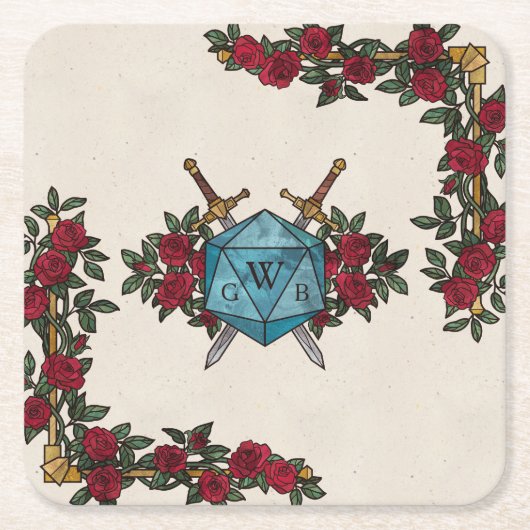 D20 Monogram Rozen RPG Trouwen Kartonnen Onderzetters (Voorkant)
