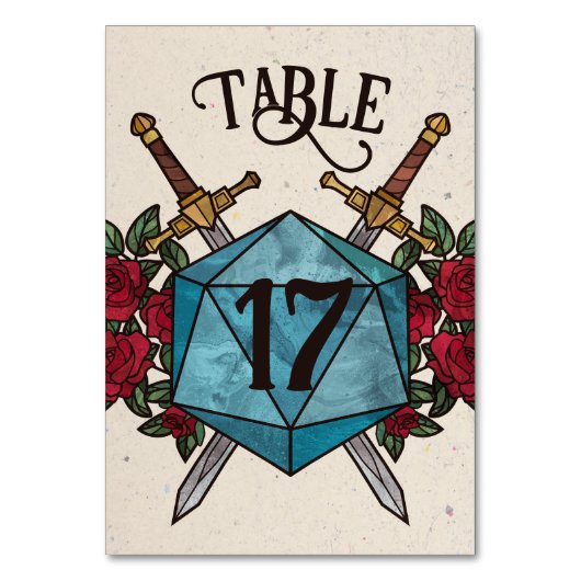 D20 Rozen RPG Trouwtafel Nummer Kaart (Voorkant)