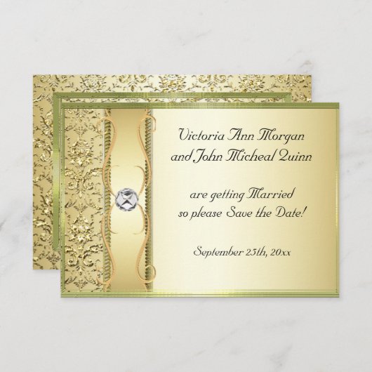 D2 Gold op Gold Damask Sla de datumkaart op Save The Date (Voorkant / Achterkant)