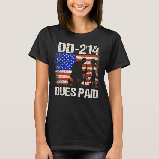 D-214 Dues betaald DD214 Soldaat Veteran T-shirt (Voorkant)