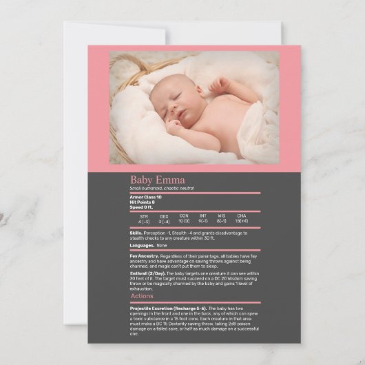 D&D Baby geboorteaankondiging roze meisje Aankondiging (Achterkant)