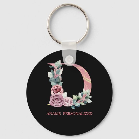 D Floral Monogram Name Letters Roze Agate Sleutelh Sleutelhanger (Voorkant)
