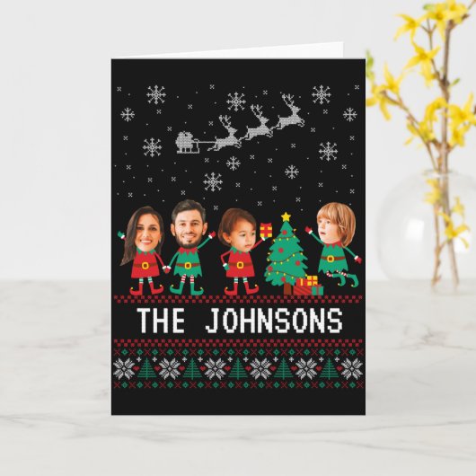 D Funny Face Photo Christmas Elf Family  Kaart (Gele Bloem)