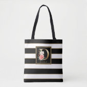 D Gold Floral Monogram | Zwarte witte gouden strep Tote Bag (Voorkant)