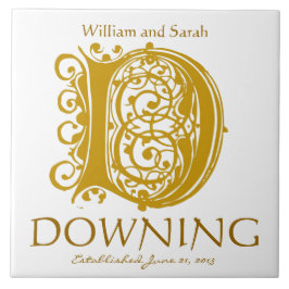 D Gold Monogram op White - Names Wedding Date Tege Tegeltje