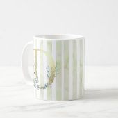 D gouden initiaal op blauwe en witte strepen koffiemok (Voorkant links)