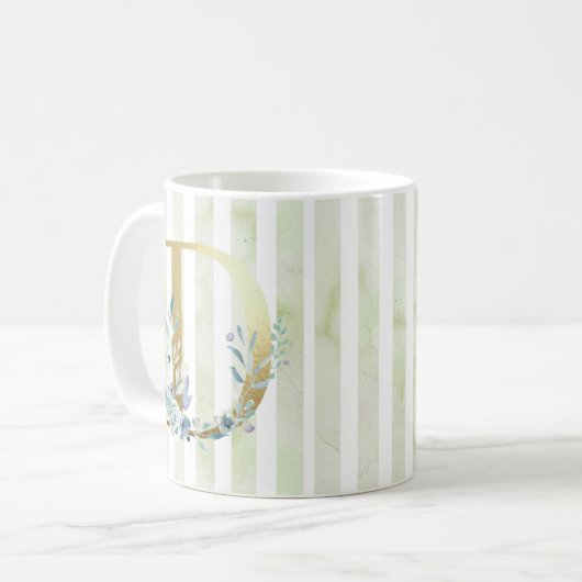 D gouden initiaal op blauwe en witte strepen koffiemok (Voorkant links)