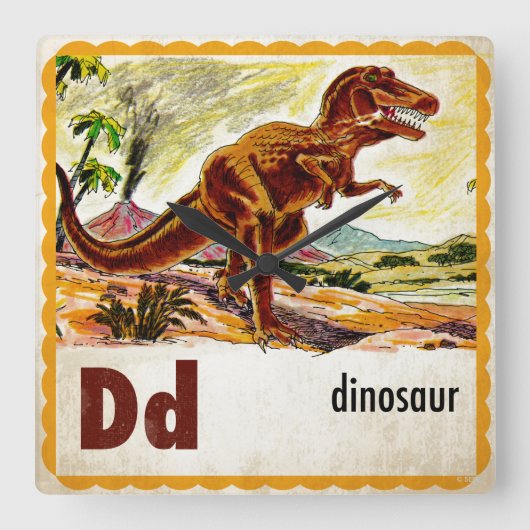 D is voor Dinosaur Vierkante Klok (Voorkant)
