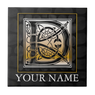 D "Jouw naam" Celtic Black Stone Monogram Tile Tegeltje