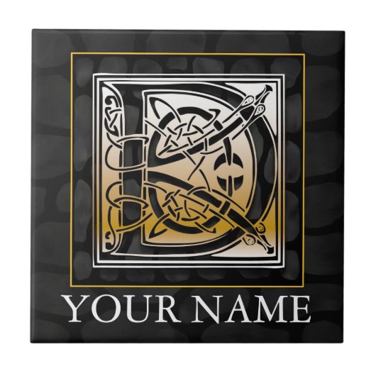 D "Jouw naam" Celtic Black Stone Monogram Tile Tegeltje (Voorkant)