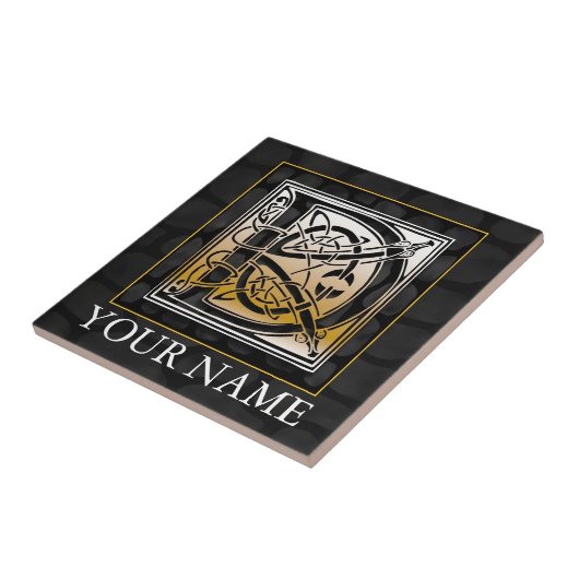 D "Jouw naam" Celtic Black Stone Monogram Tile Tegeltje (Zijkant)