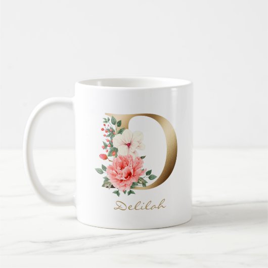 D Letter Gold Monogram | Roze groene Floral Koffiemok (Links)