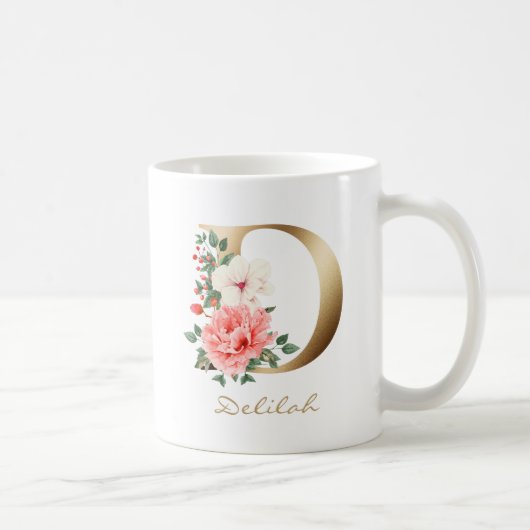 D Letter Gold Monogram | Roze groene Floral Koffiemok (Rechts)