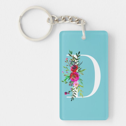 D Letter Initiaal Monogram Bloem Motief Eigen Kleu Sleutelhanger (Voorkant)