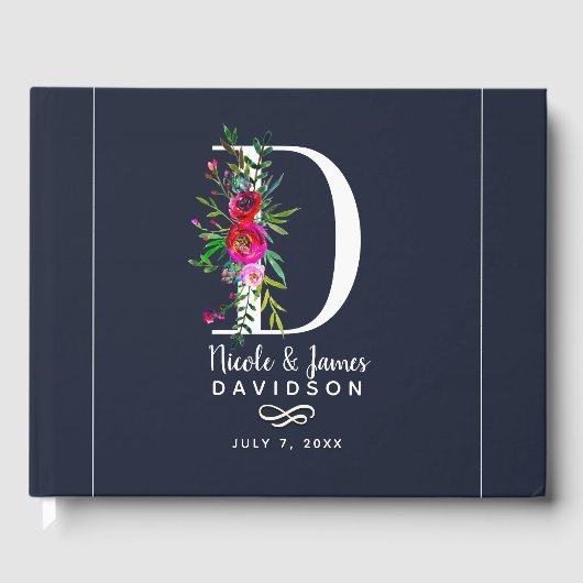 D Letter Initiële Monogram Bloem Naam Bruiloft Gastenboek (Voorkant)