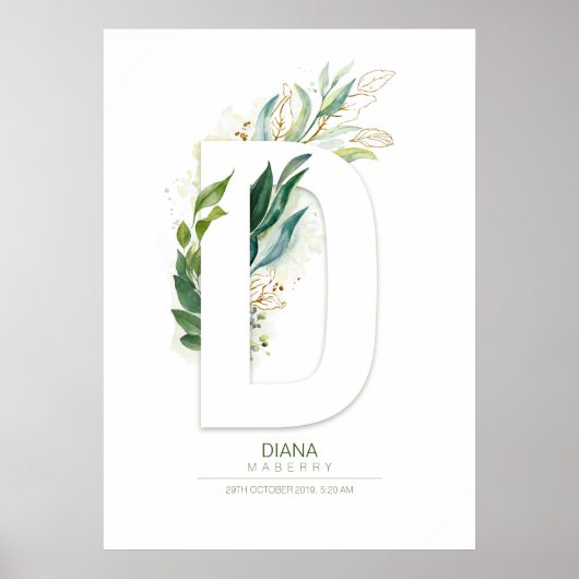 D Letter Monogram Gold Greenery Foliage Chic Poster (Voorkant)