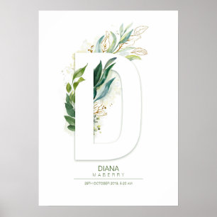 D Letter Monogram Goud Groene Bladeren Chic Poster