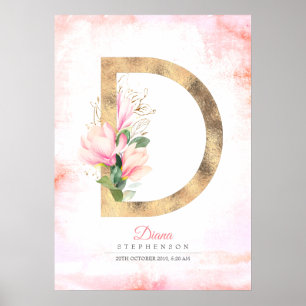 D Letter Monogram Gouden Bladeren Roze Magnolia Bl Poster