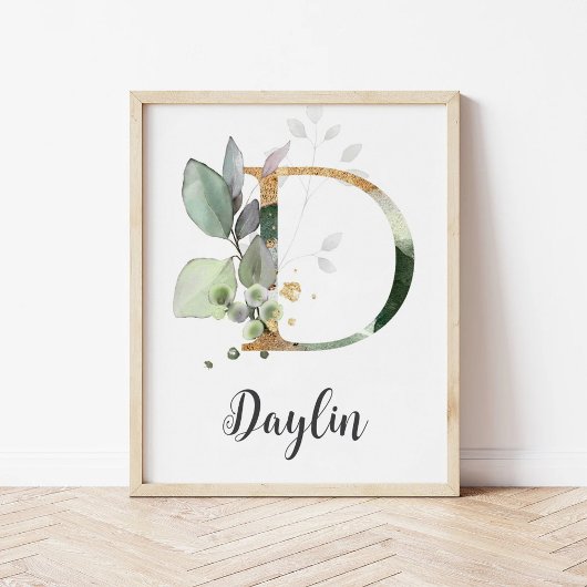 D Letter Monogram Groene Nursery Naam Muurprint Poster