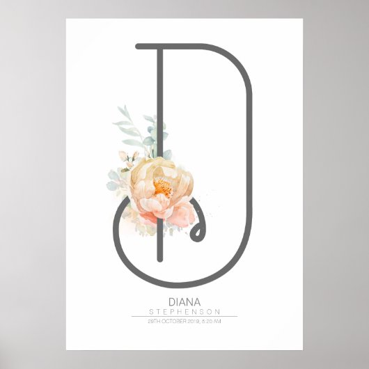 D Letter Monogram Roze Perzik Bloemige Huisdecorat Poster (Voorkant)
