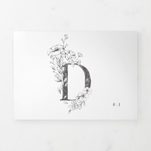 'D' Monogram Beauful Sketched Floral Wedding Drieluik Uitnodiging (Cover)