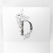 'D' Monogram Beauful Sketched Floral Wedding Drieluik Uitnodiging (Binnenzijde eerst)