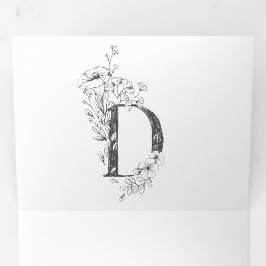 'D' Monogram Beauful Sketched Floral Wedding Drieluik Uitnodiging (Binnenzijde eerst)