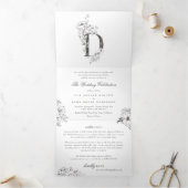 'D' Monogram Beauful Sketched Floral Wedding Drieluik Uitnodiging (Binnen)