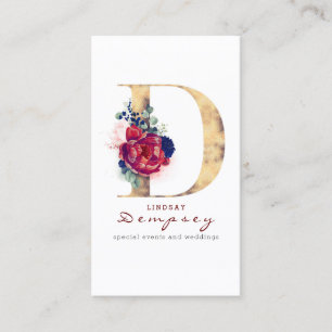D Monogram Bourgogne Goud en Marine Blauwe Bloemen Visitekaartje